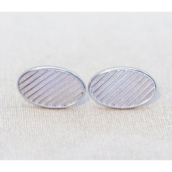 Vintage Silver Tone Oval Stripes Cuff Links - K1 - Picture 1 of 2